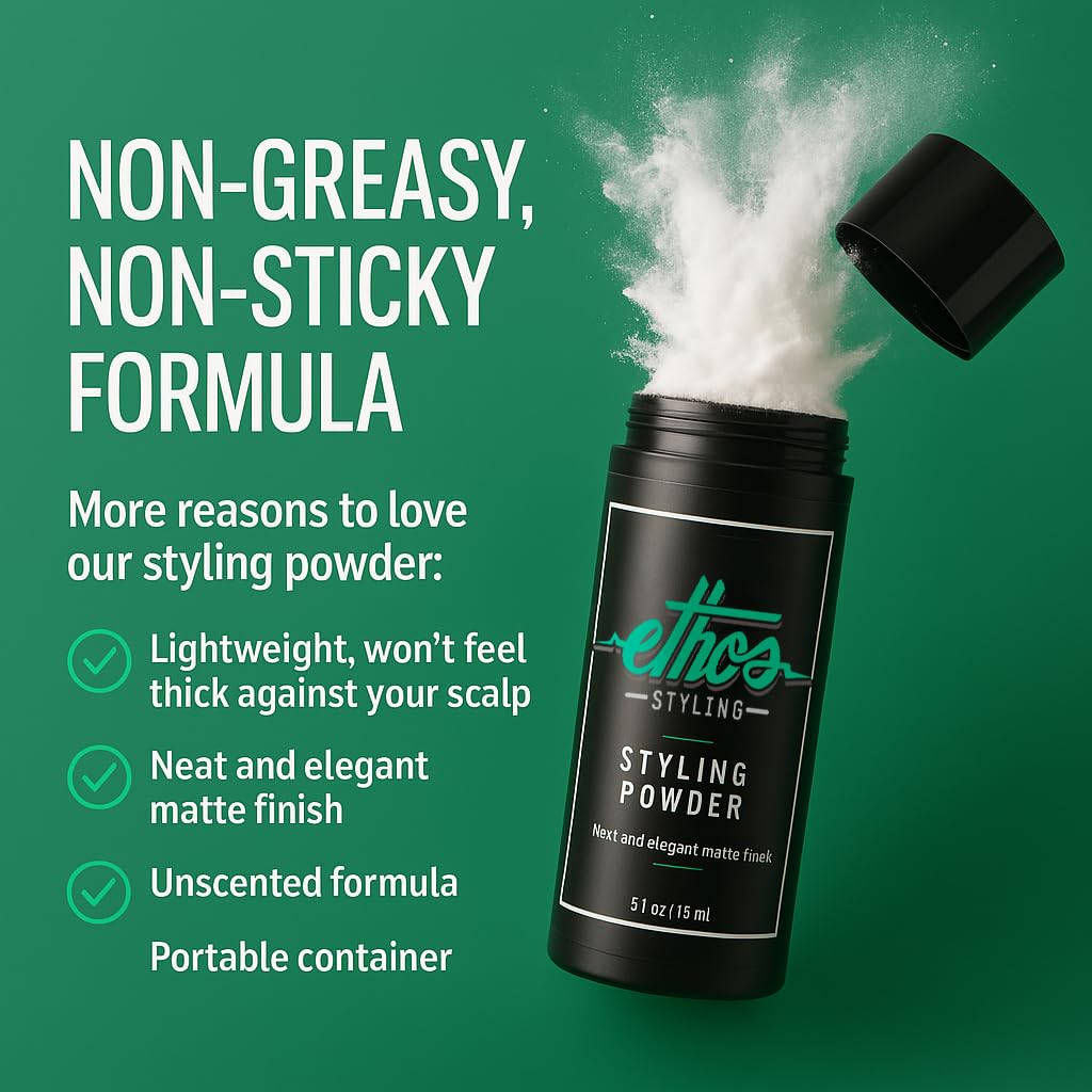 Close up of Ethos Styling matte finish hair powder container