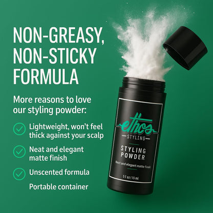 Close up of Ethos Styling matte finish hair powder container