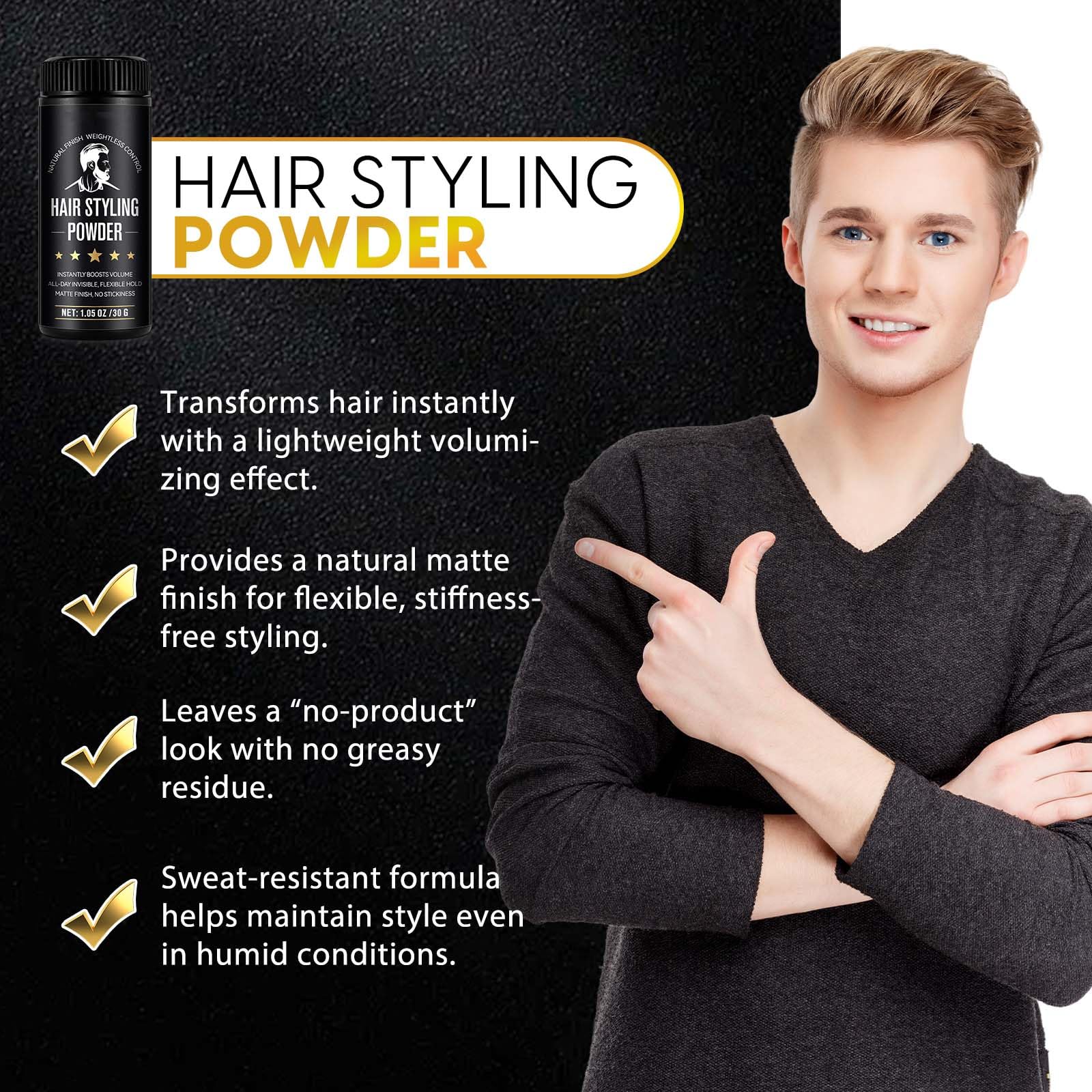 Hair styling powder matte finish application example