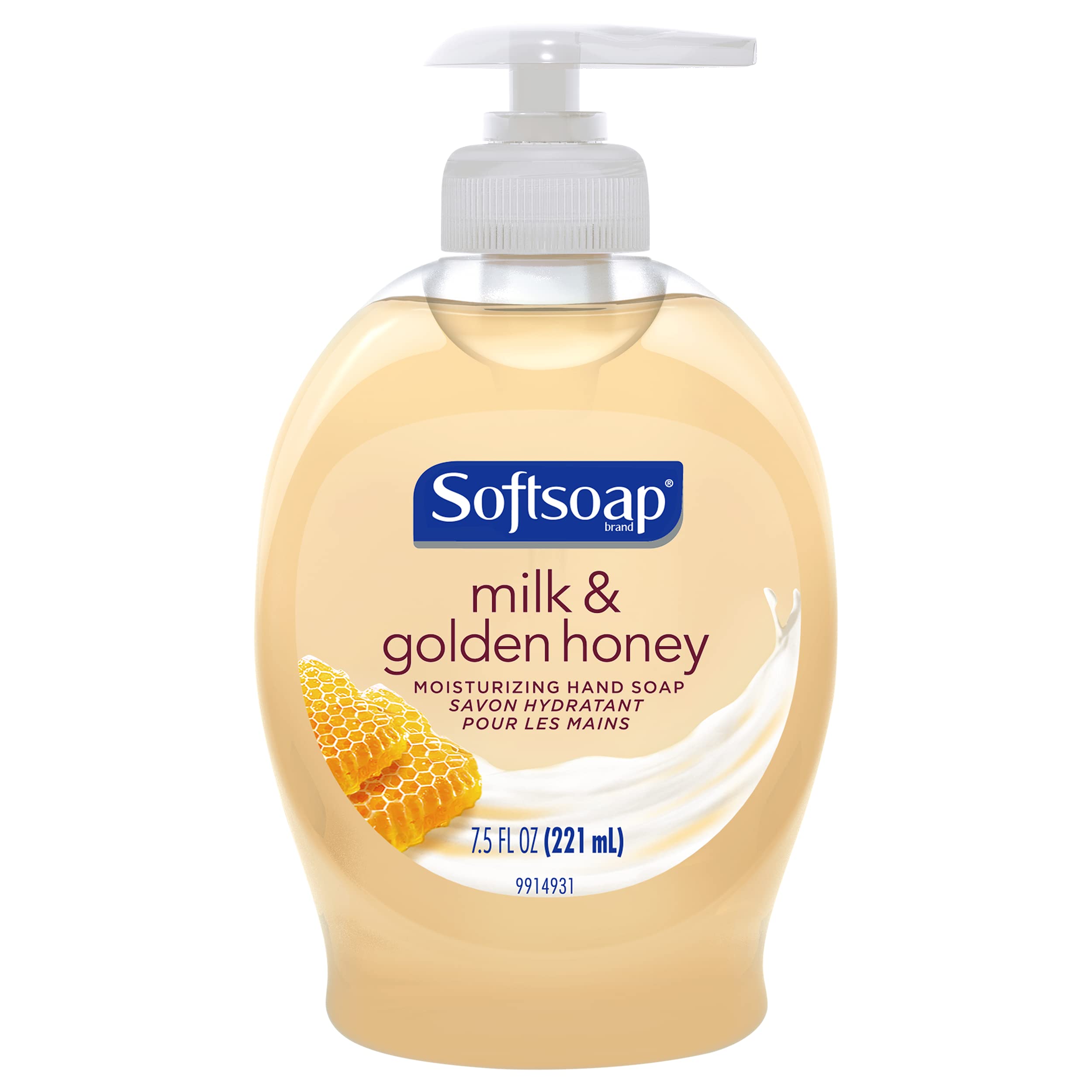 Softsoap 7.5 fluid ounce pump bottle close up showing golden honey design