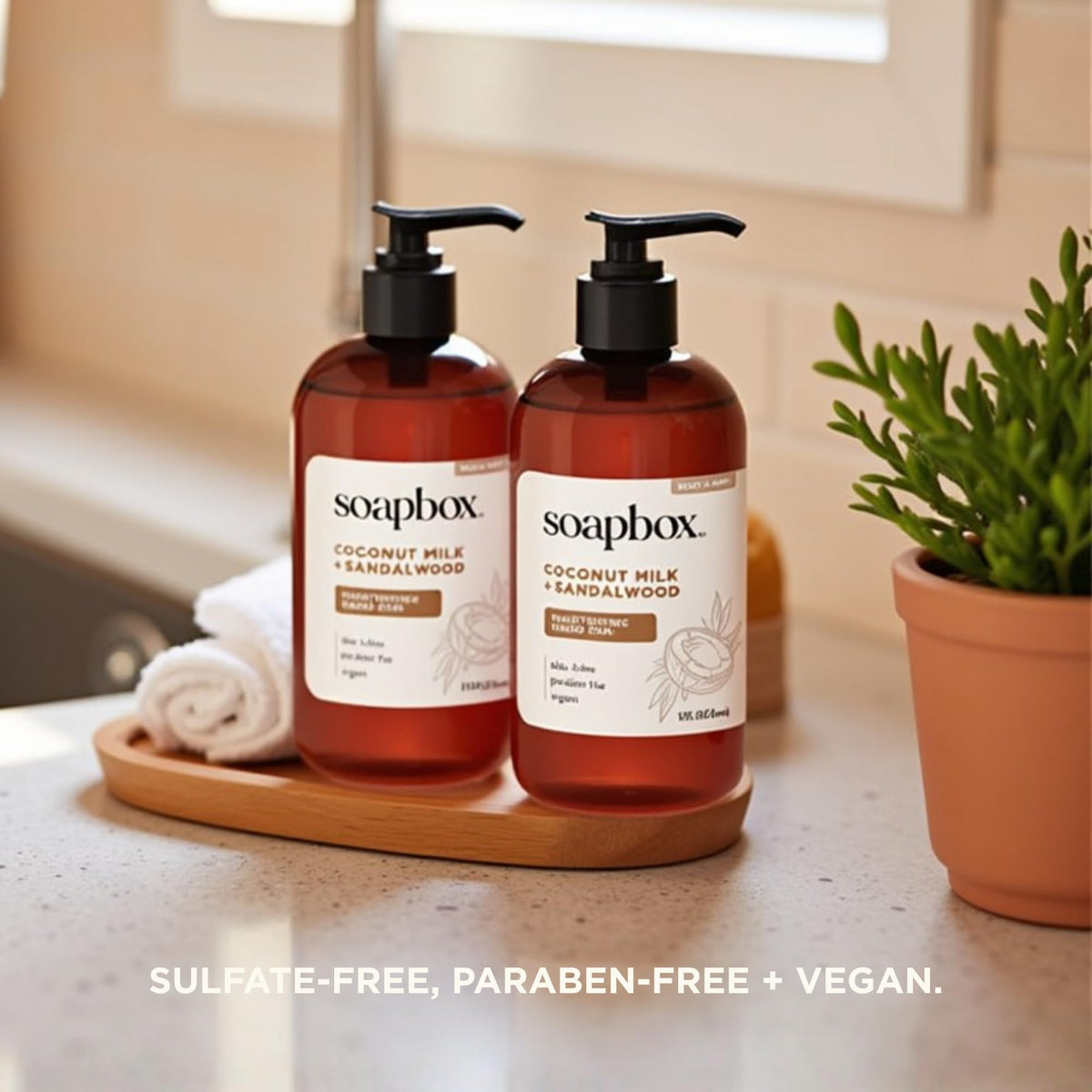 Soapbox liquid hand soap bottle placed near kitchen sink basin