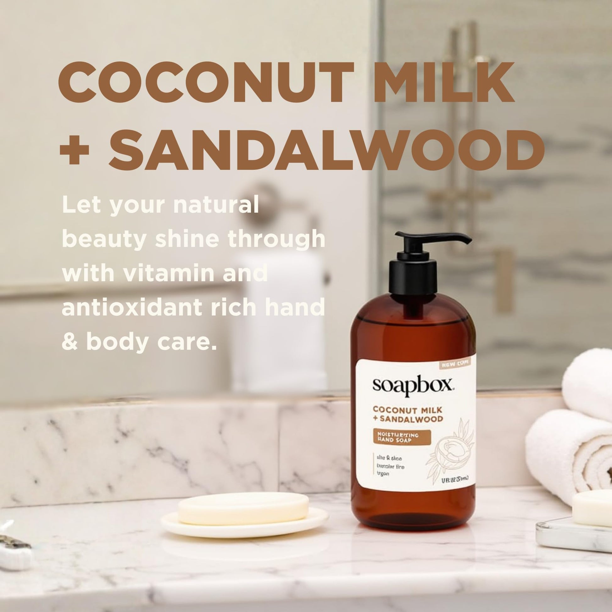 Soapbox coconut milk sandalwood moisturizing hand wash standing elegantly on a bathroom counter.