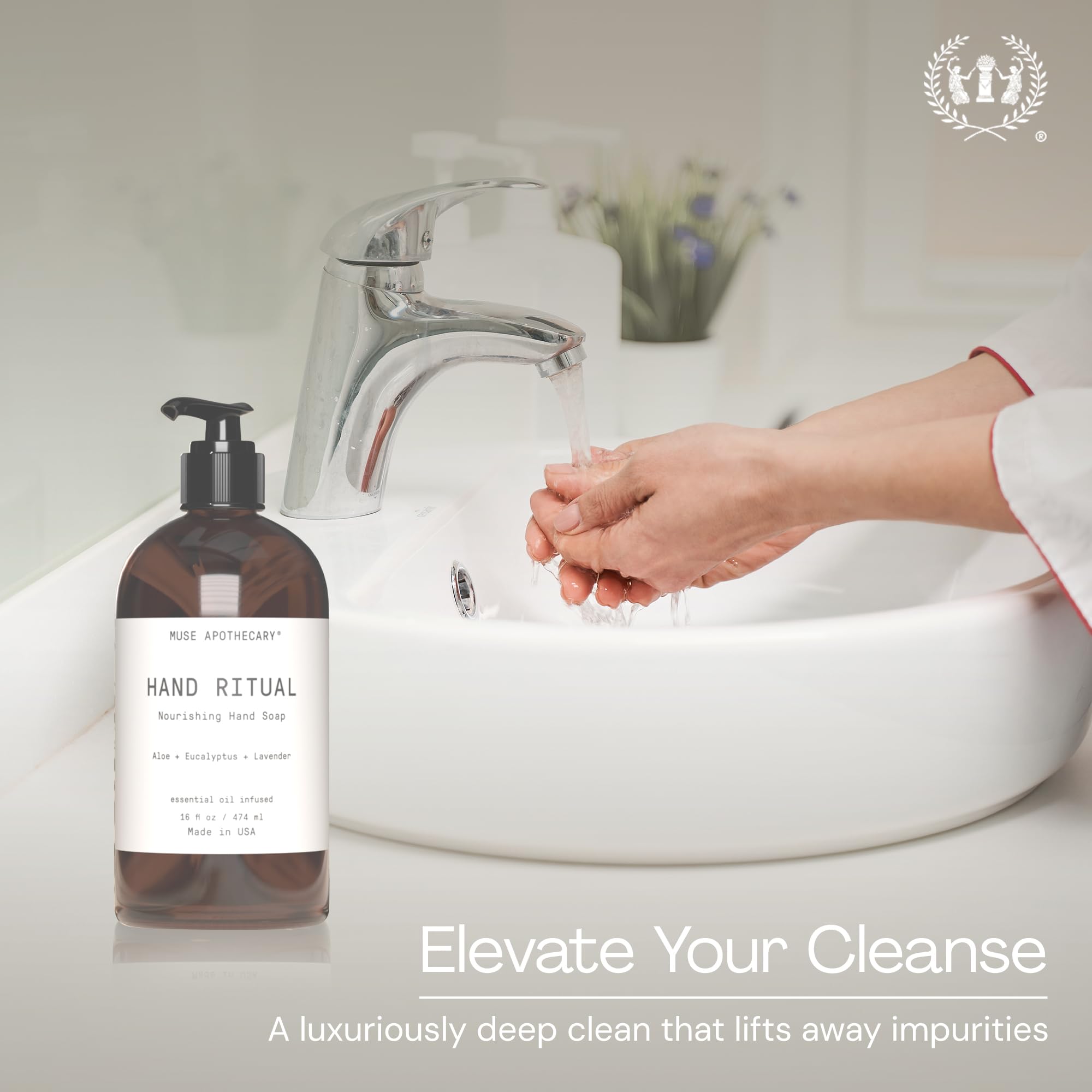 Muse Apothecary aromatic hand soap amber bottle showcasing brand label