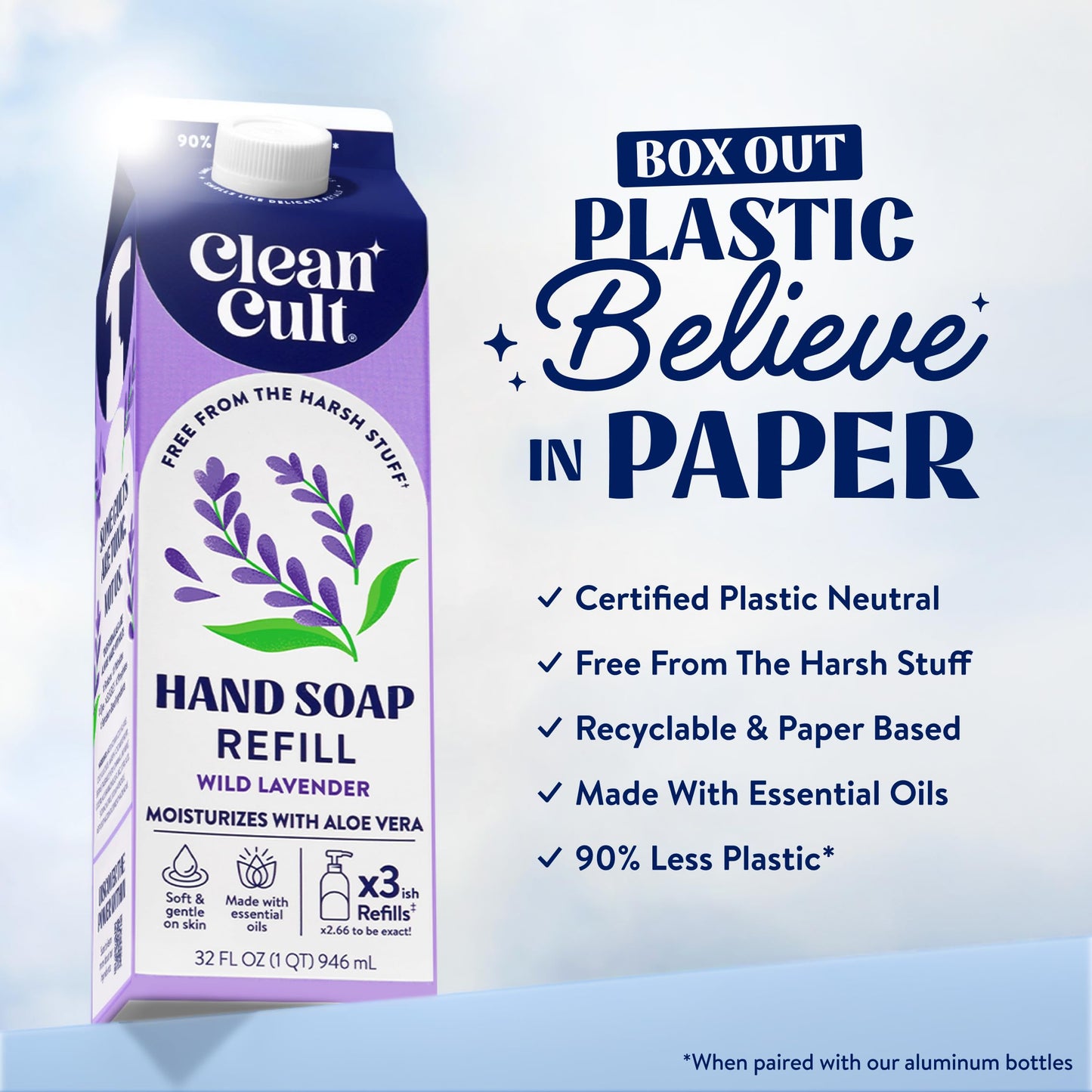 Cleancult lavender hand wash refill thirty two ounce carton for sensitive skin