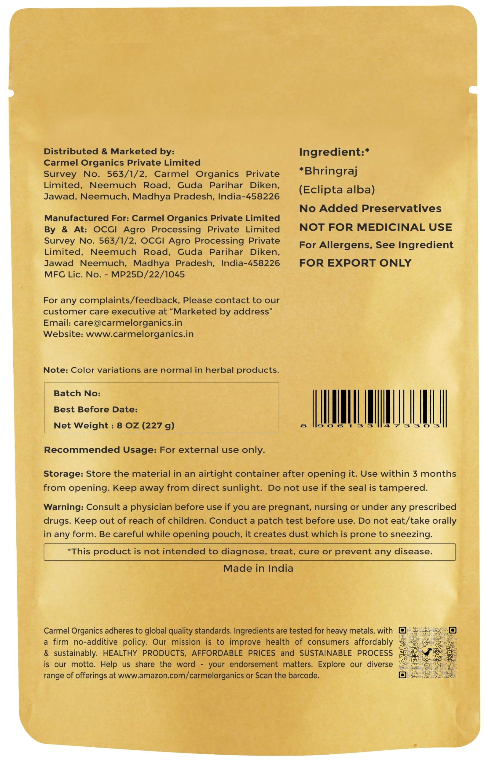 Carmel Organics natural hair care powder resealable bag