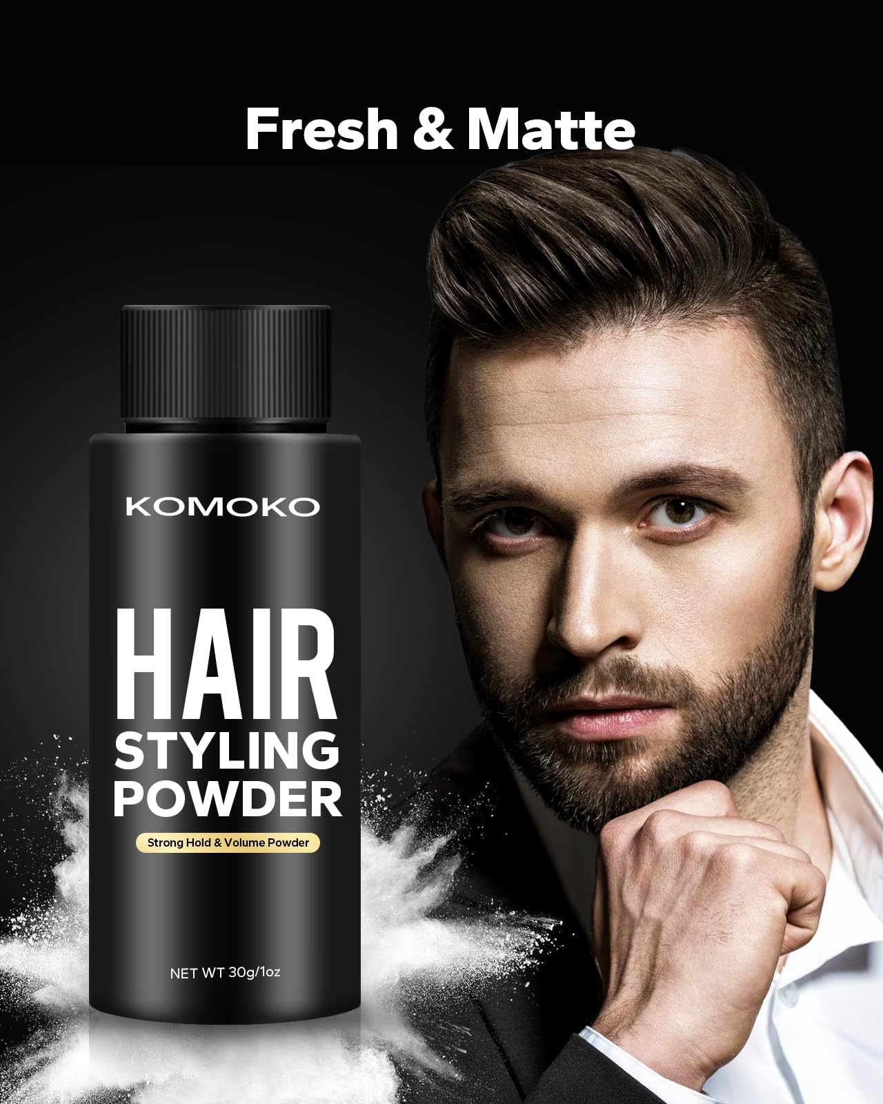 Man applying Komoko styling powder to hair