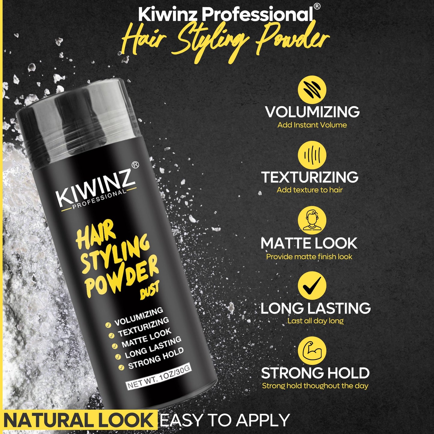 Close up of Kiwinz Professional matte finish hair powder texture