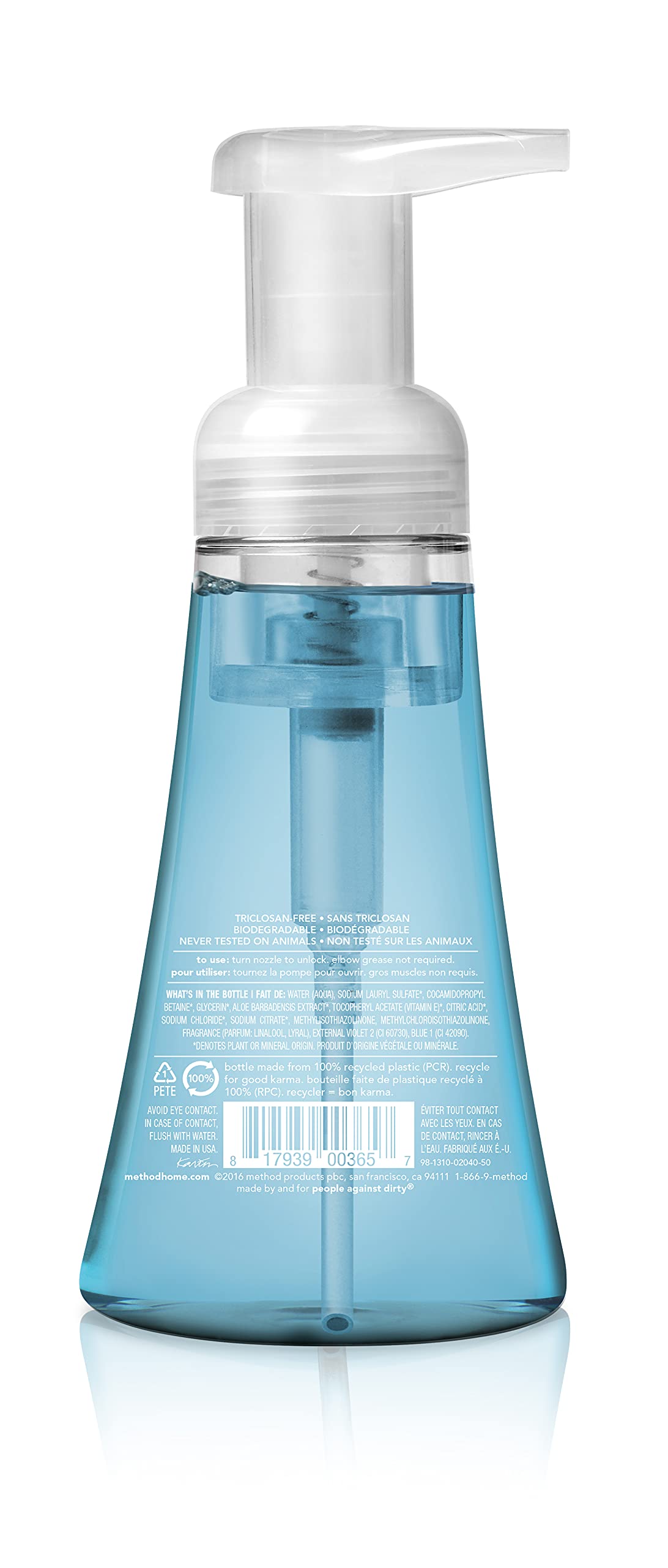 Method plant based foaming hand wash bottle displaying blue liquid