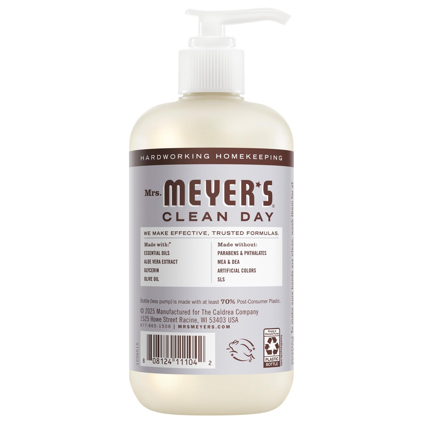 Three bottles of Mrs. Meyer's essential oil lavender hand wash arranged neatly on a countertop.