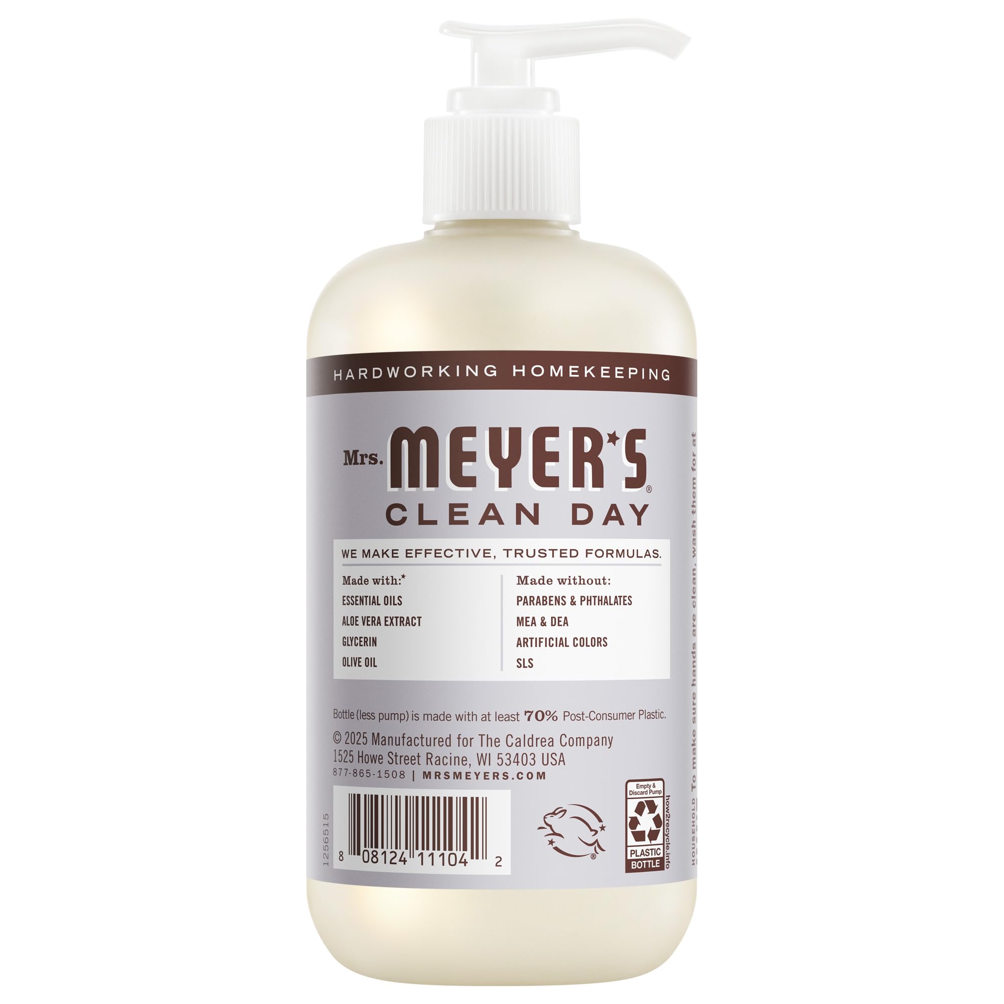 Three bottles of Mrs. Meyer's essential oil lavender hand wash arranged neatly on a countertop.