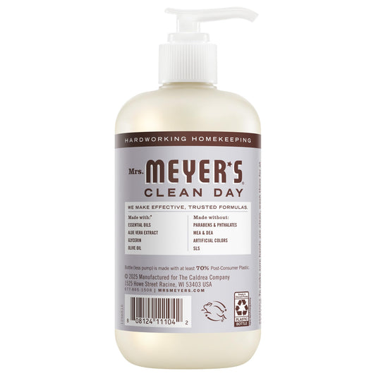 Three bottles of Mrs. Meyer's essential oil lavender hand wash arranged neatly on a countertop.