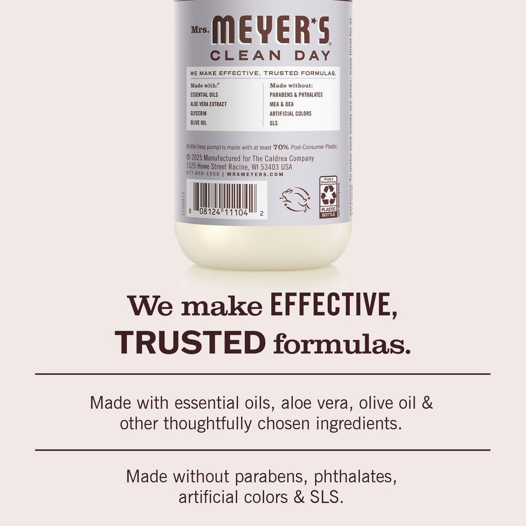 Mrs. Meyer's lavender hand wash bottle next to ingredients