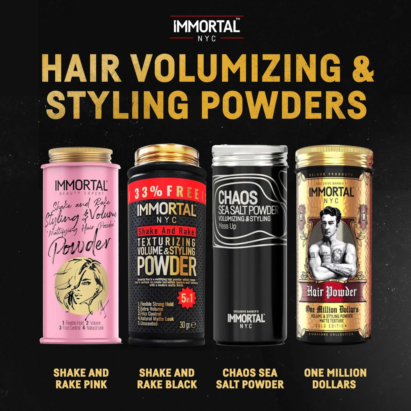 Immortal NYC hair powder bottle on a grooming station