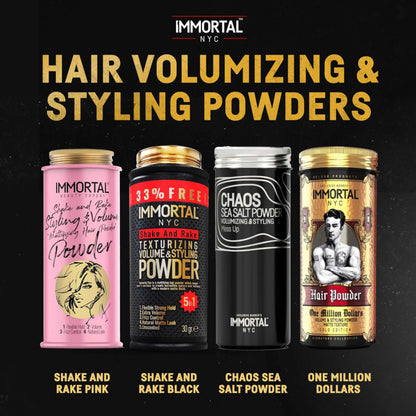Immortal NYC hair powder bottle on a grooming station
