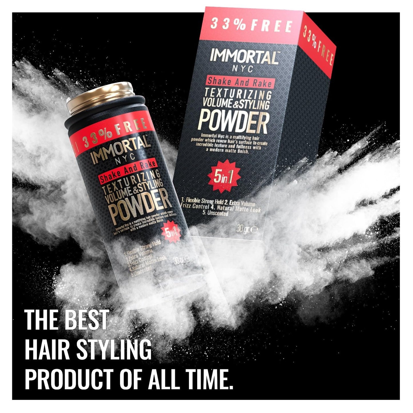 Immortal NYC 5-in-1 hair powder packaging showing authentic USA import branding