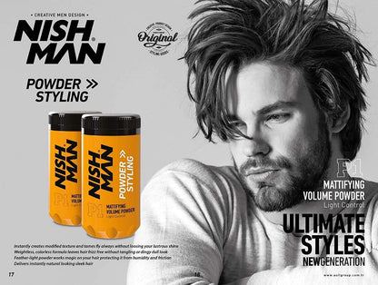 Close up of Nishman P1 styling powder branding and 20g size
