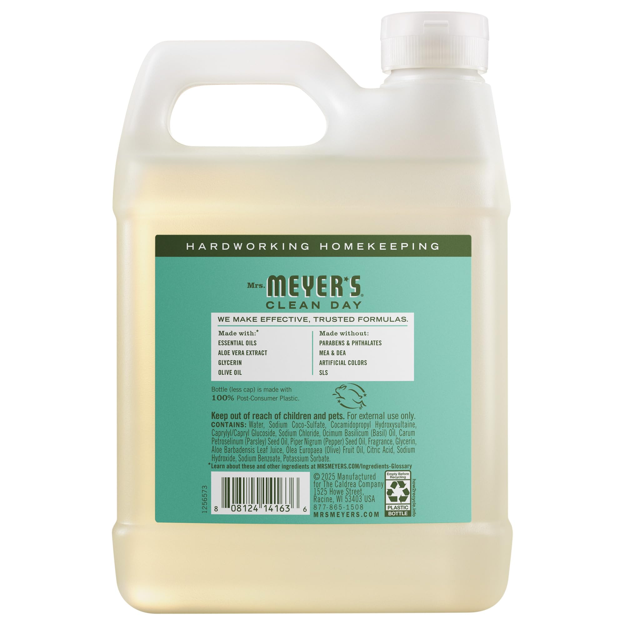Back label of Mrs. Meyer's Basil Liquid Hand Wash Refill showing plant-derived ingredients