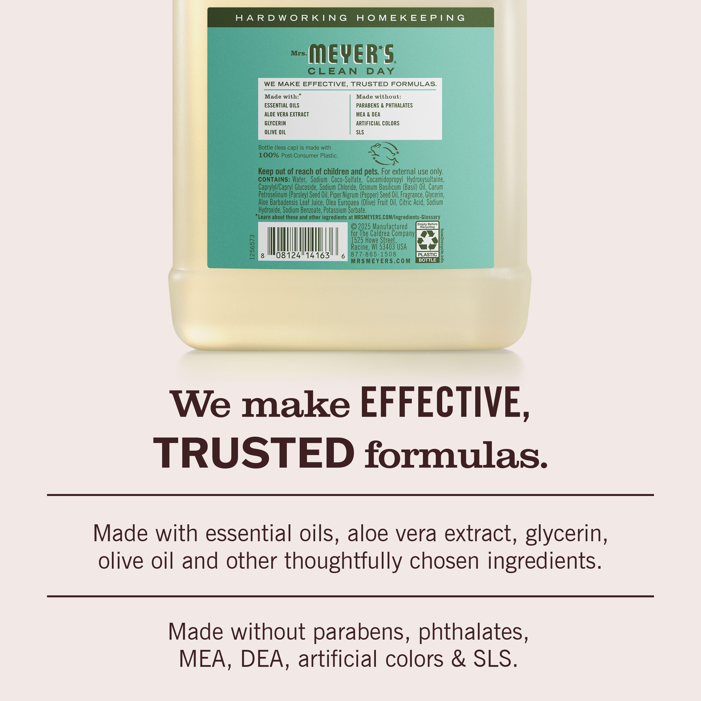 Mrs. Meyer's Clean Day Basil soap refill bottle showing the essential oil infusion details