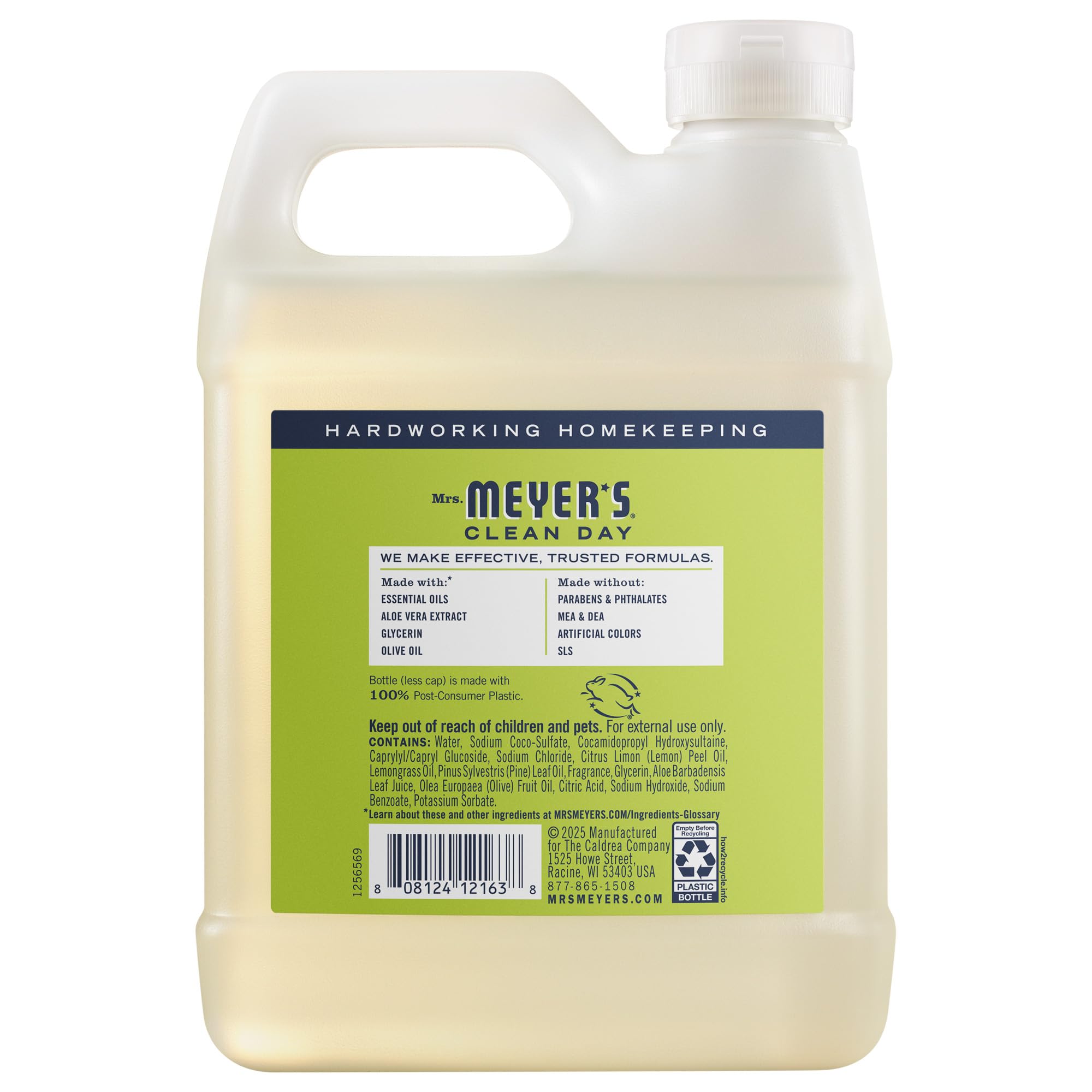 Authentic USA imported Mrs. Meyer's lemon verbena liquid hand soap bulk jug displaying brand packaging and certification logos.
