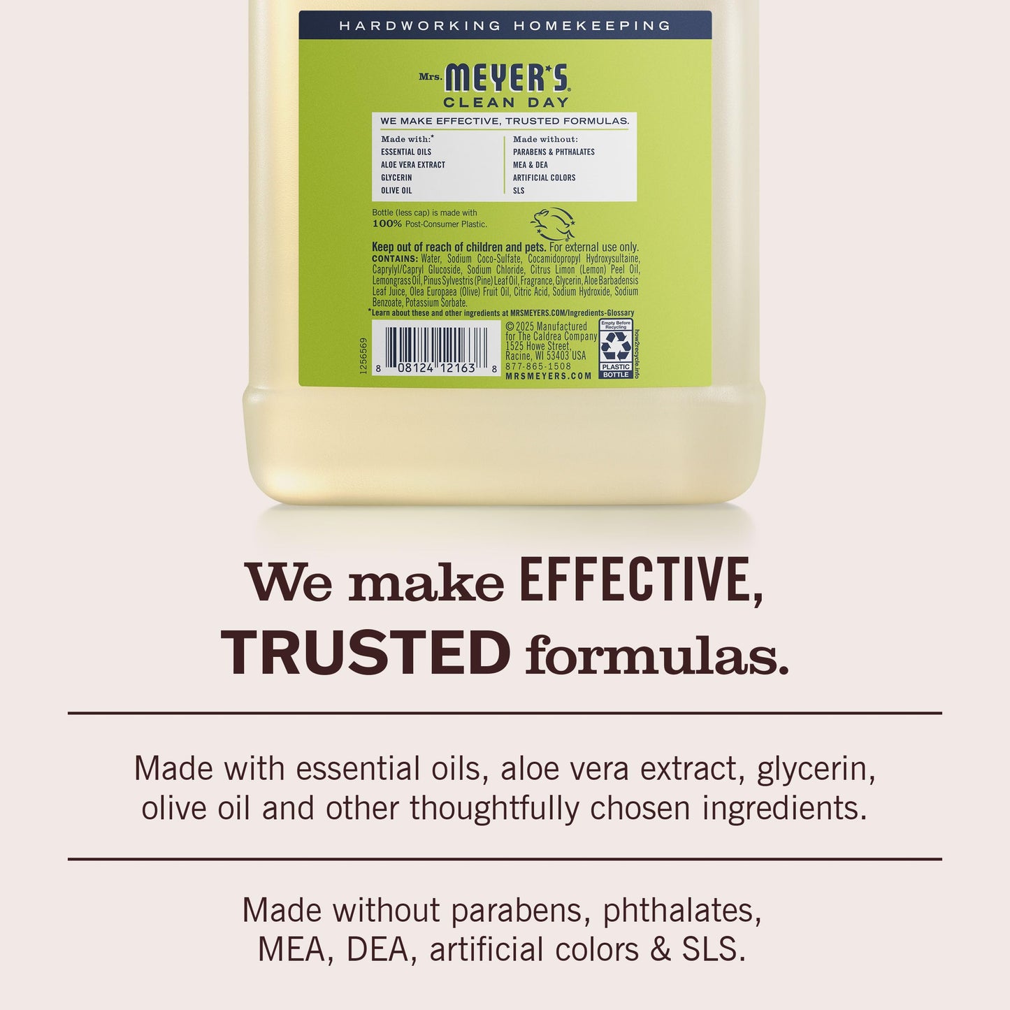 Mrs. Meyer's non drying liquid hand soap refill bottle placed on a clean countertop demonstrating household usage.