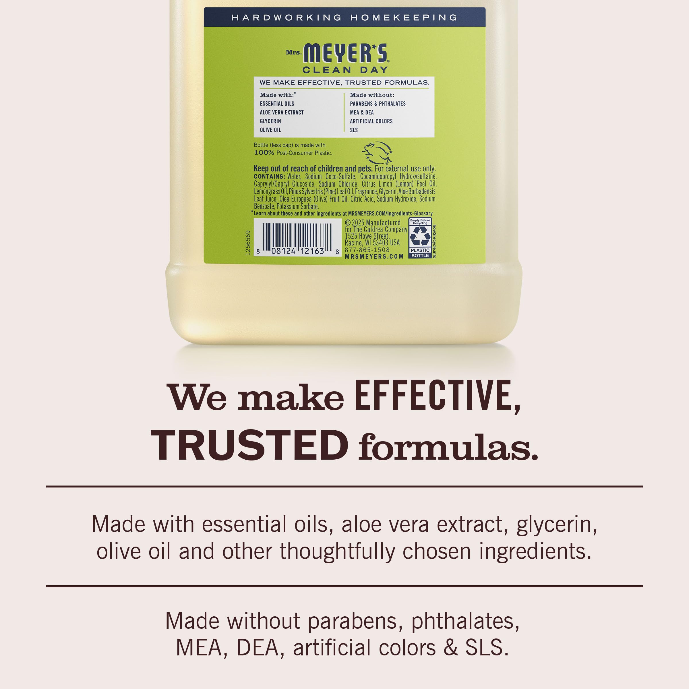 Mrs. Meyer's non drying liquid hand soap refill bottle placed on a clean countertop demonstrating household usage.