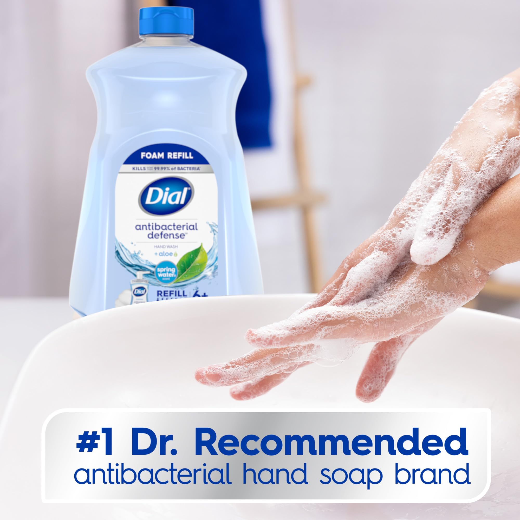 Back label view of Dial antibacterial foaming liquid soap showing dermatologist tested certification