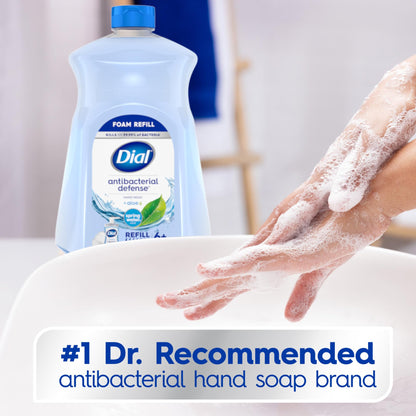 Back label view of Dial antibacterial foaming liquid soap showing dermatologist tested certification