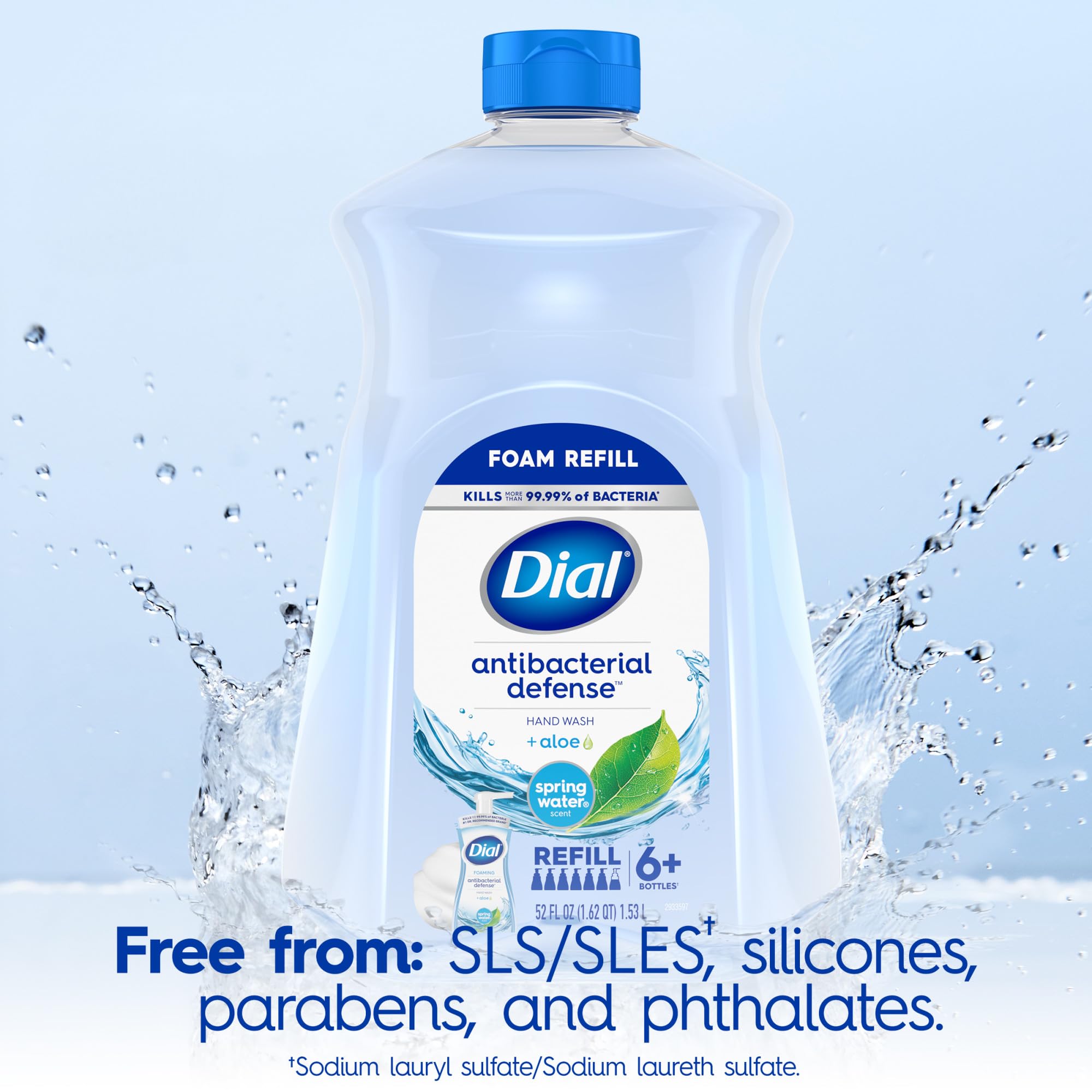 Close up of clear blue Dial antibacterial hand soap liquid inside the large refill bottle