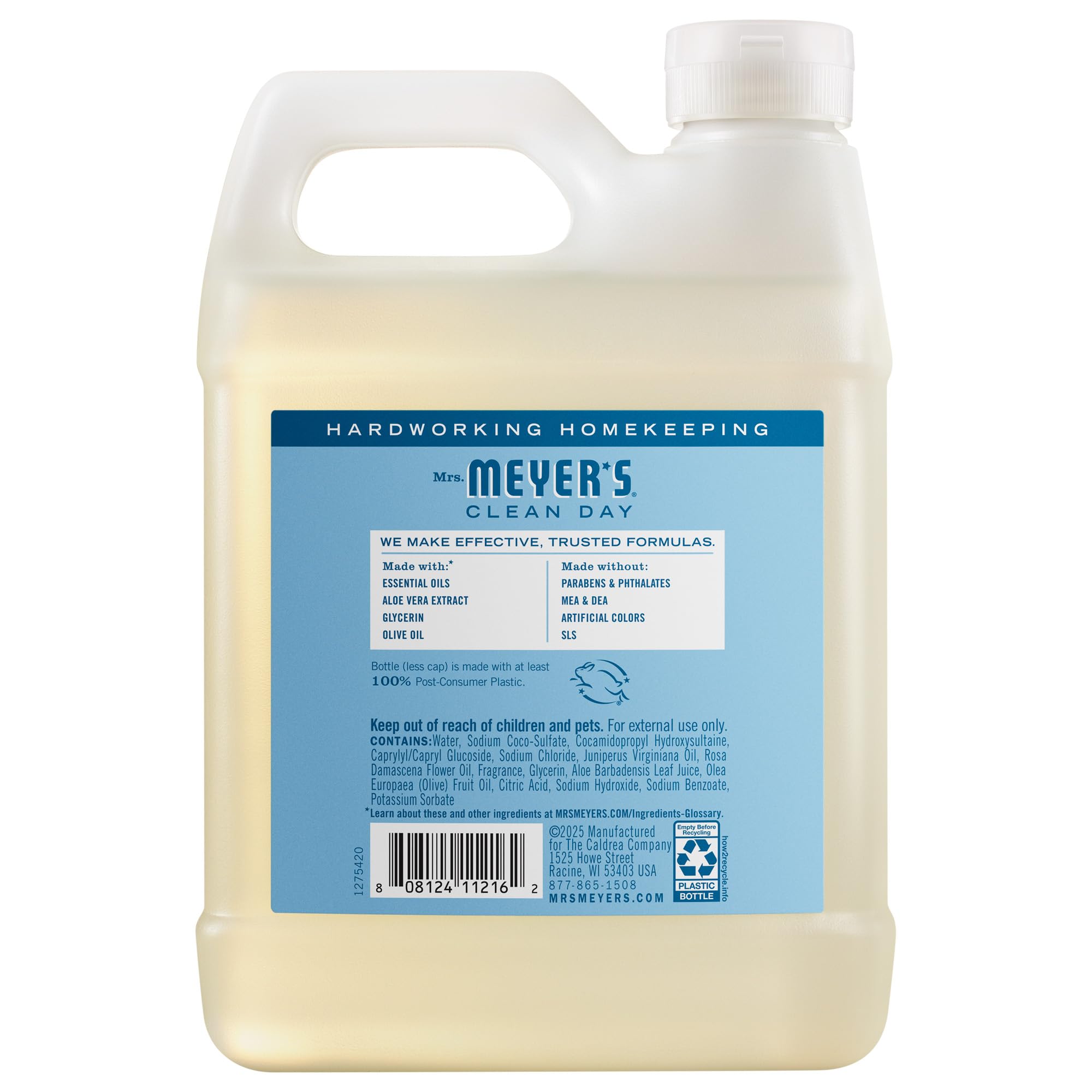 Mrs. Meyer's moisturizing liquid hand soap value bottle back label ingredients
