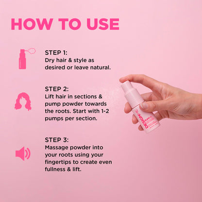Model showing hair root lift with Puff.Me powder