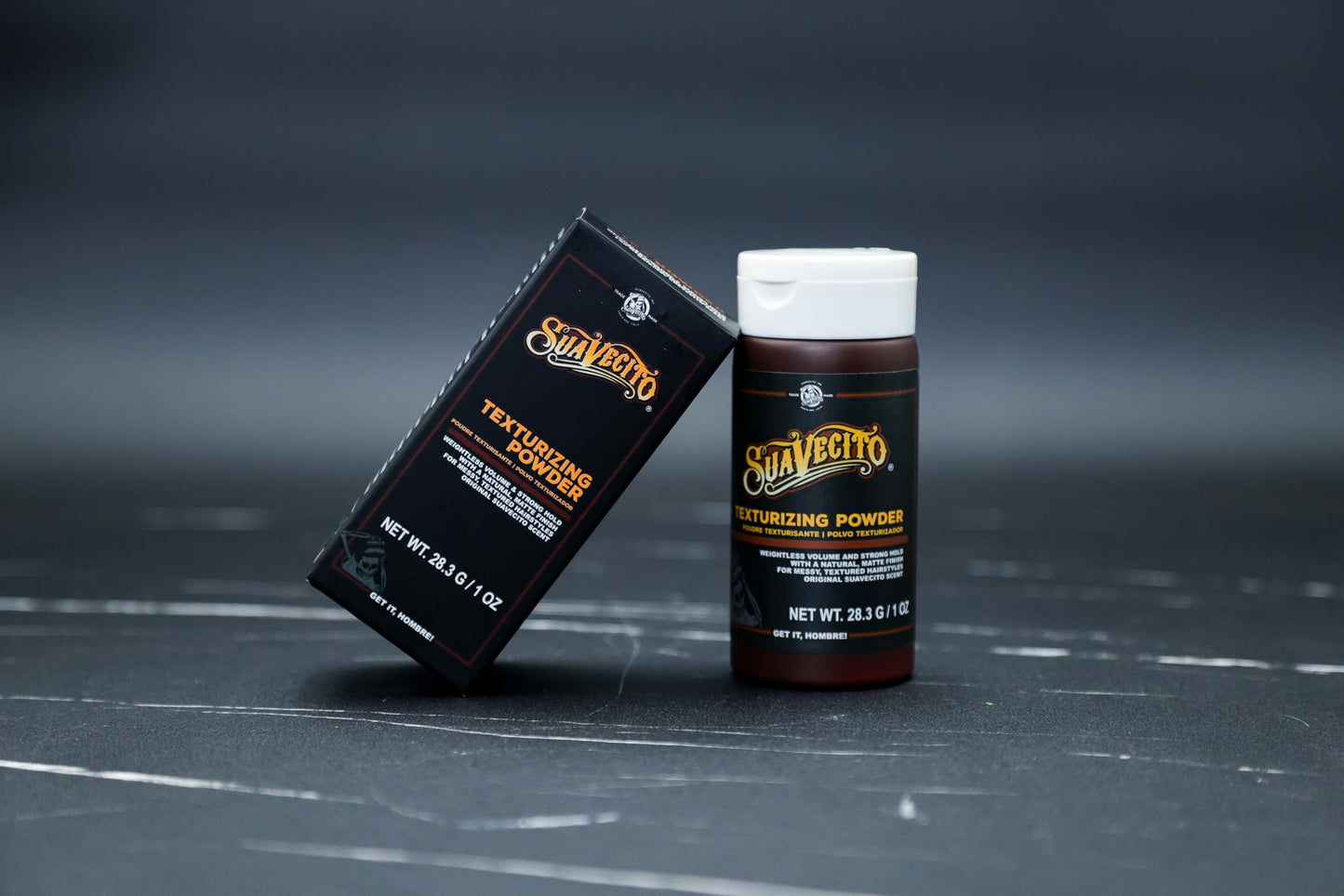 Close up of Suavecito matte finish hair powder texture