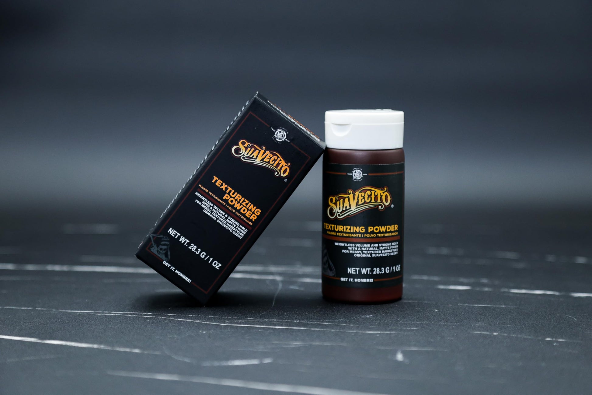 Close up of Suavecito matte finish hair powder texture