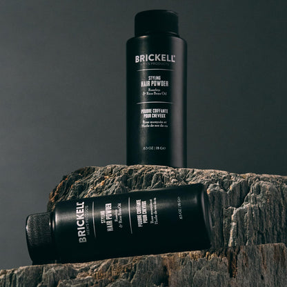 Brickell grooming collection featuring hair styling powder
