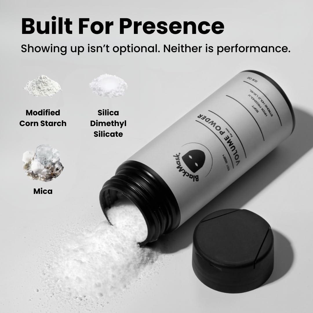 Close up of BlackMask hair powder texture and packaging