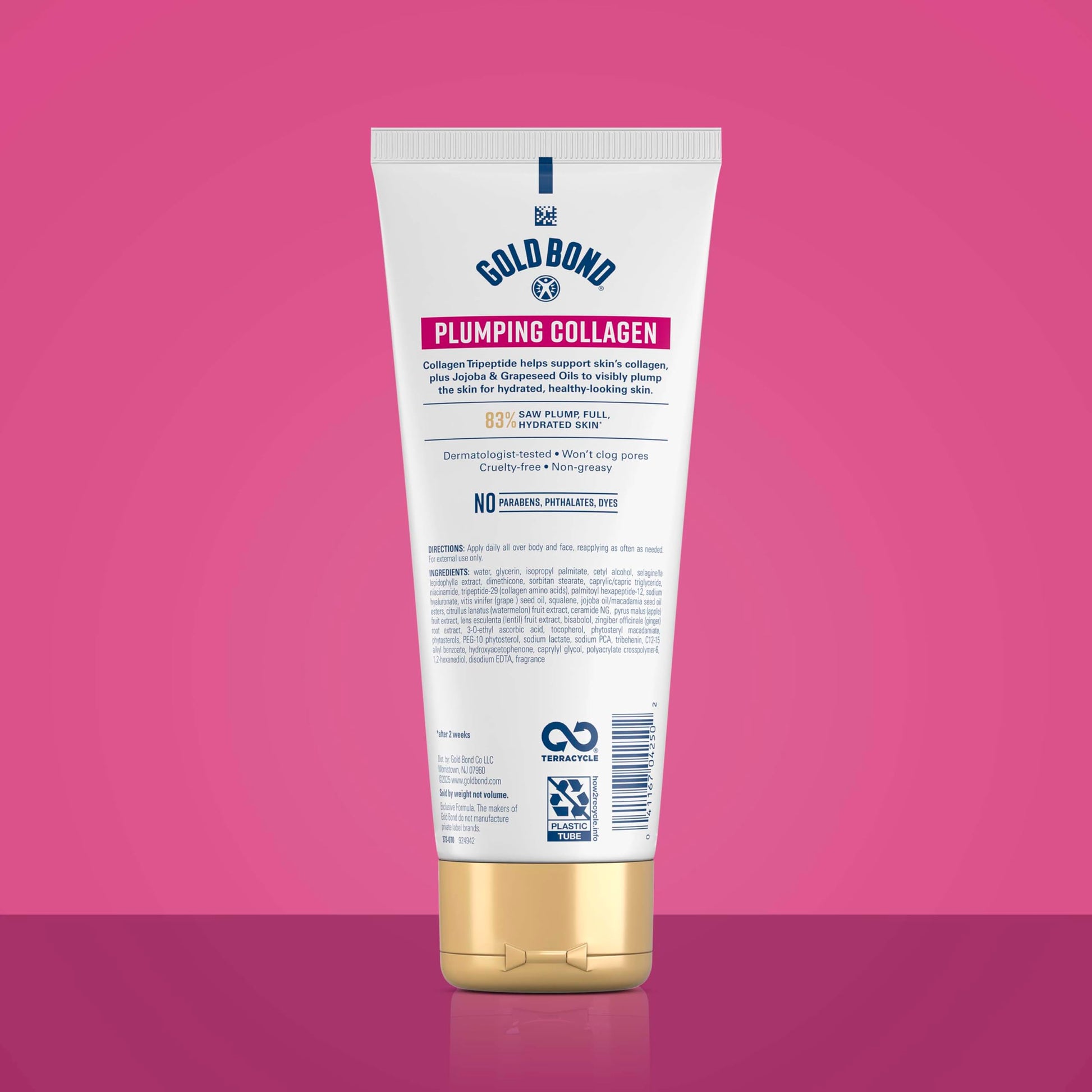 Gold Bond Plumping Collagen moisturizer tube showing product benefits for skin hydration and visible plumping.