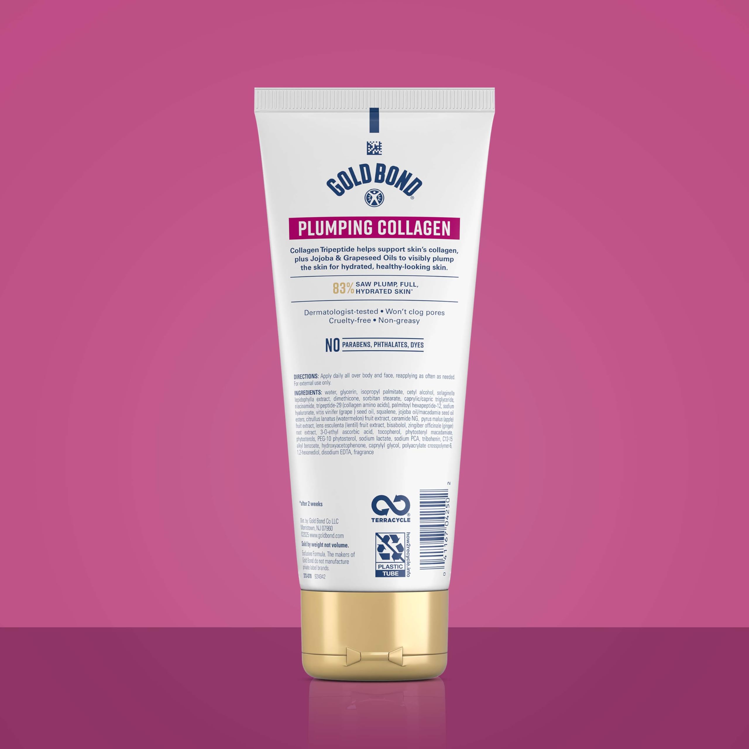 Gold Bond Plumping Collagen moisturizer tube showing product benefits for skin hydration and visible plumping.