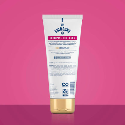 Gold Bond Plumping Collagen moisturizer tube showing product benefits for skin hydration and visible plumping.