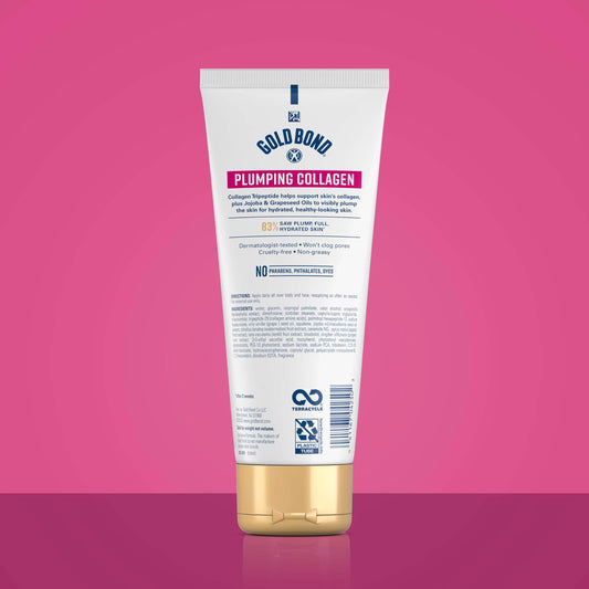 Gold Bond Plumping Collagen moisturizer tube showing product benefits for skin hydration and visible plumping.