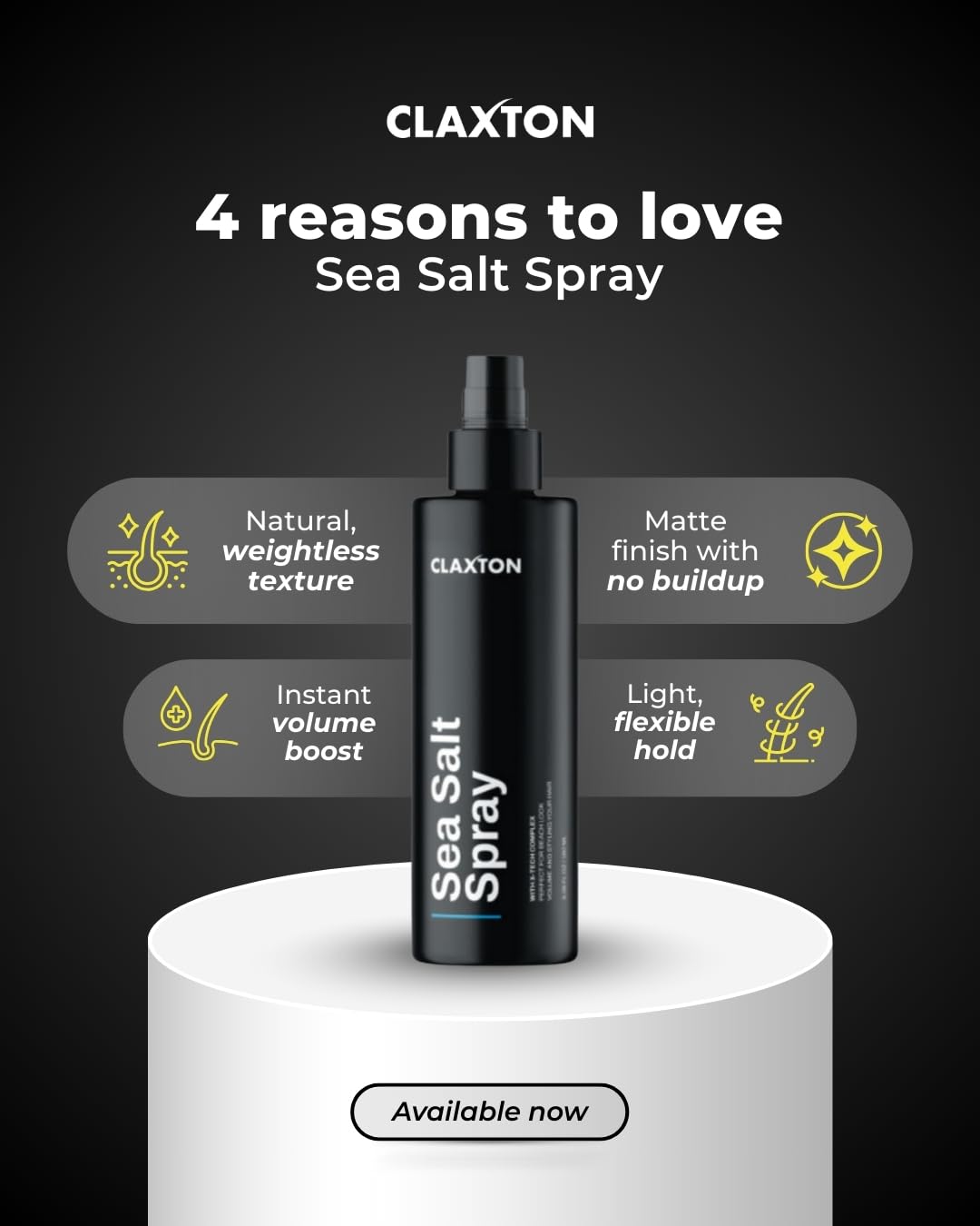 Claxton Sea Salt Spray bottle showcasing lightweight flexible hold features
