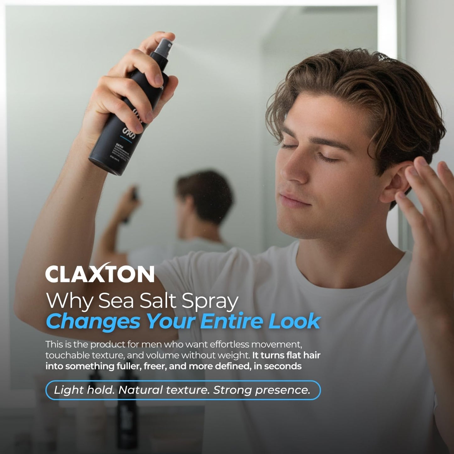 Volumizing sea salt spray for men and women on a neutral backdrop