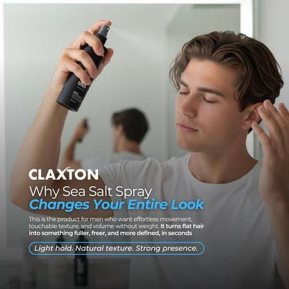Volumizing sea salt spray for men and women on a neutral backdrop