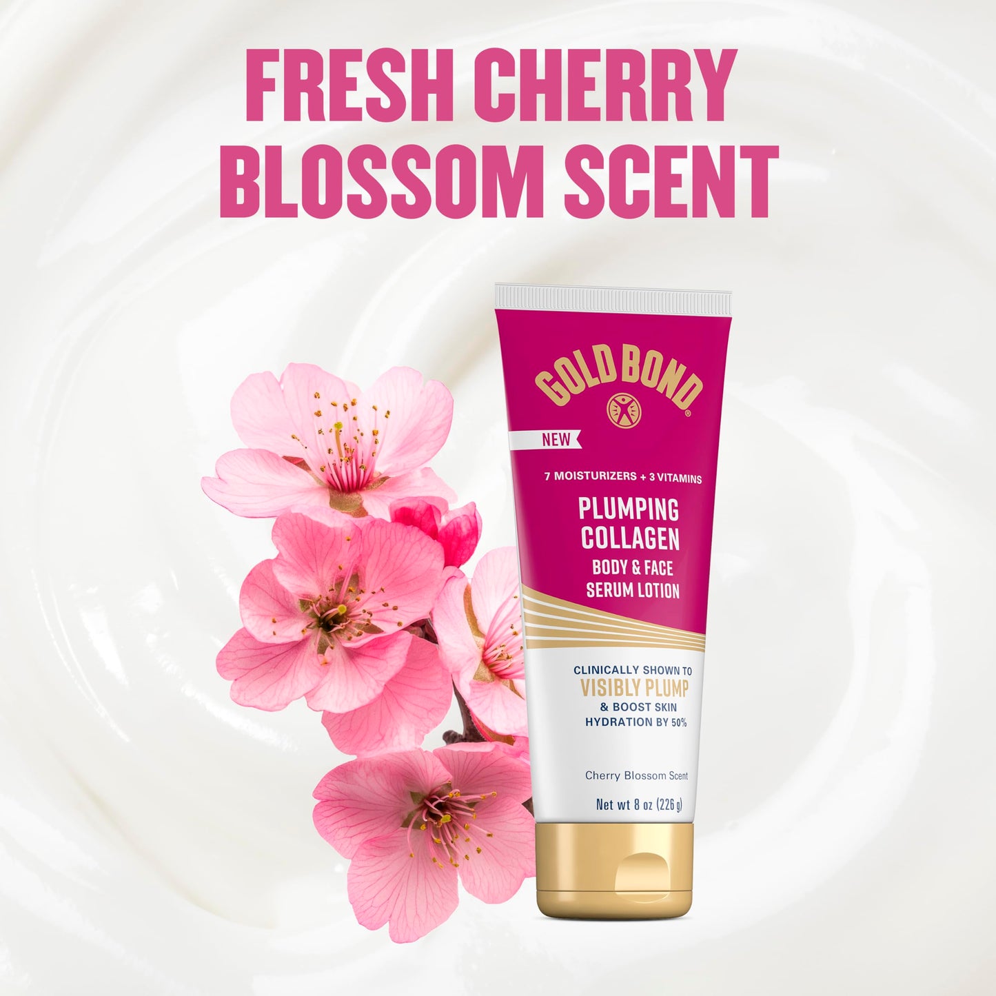 Gold Bond Plumping Collagen 8oz tube showcasing lightweight moisturizer consistency for face application.