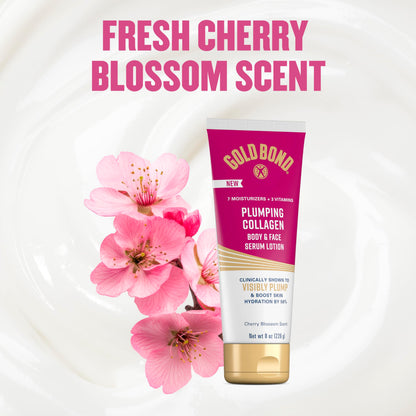 Gold Bond Plumping Collagen 8oz tube showcasing lightweight moisturizer consistency for face application.