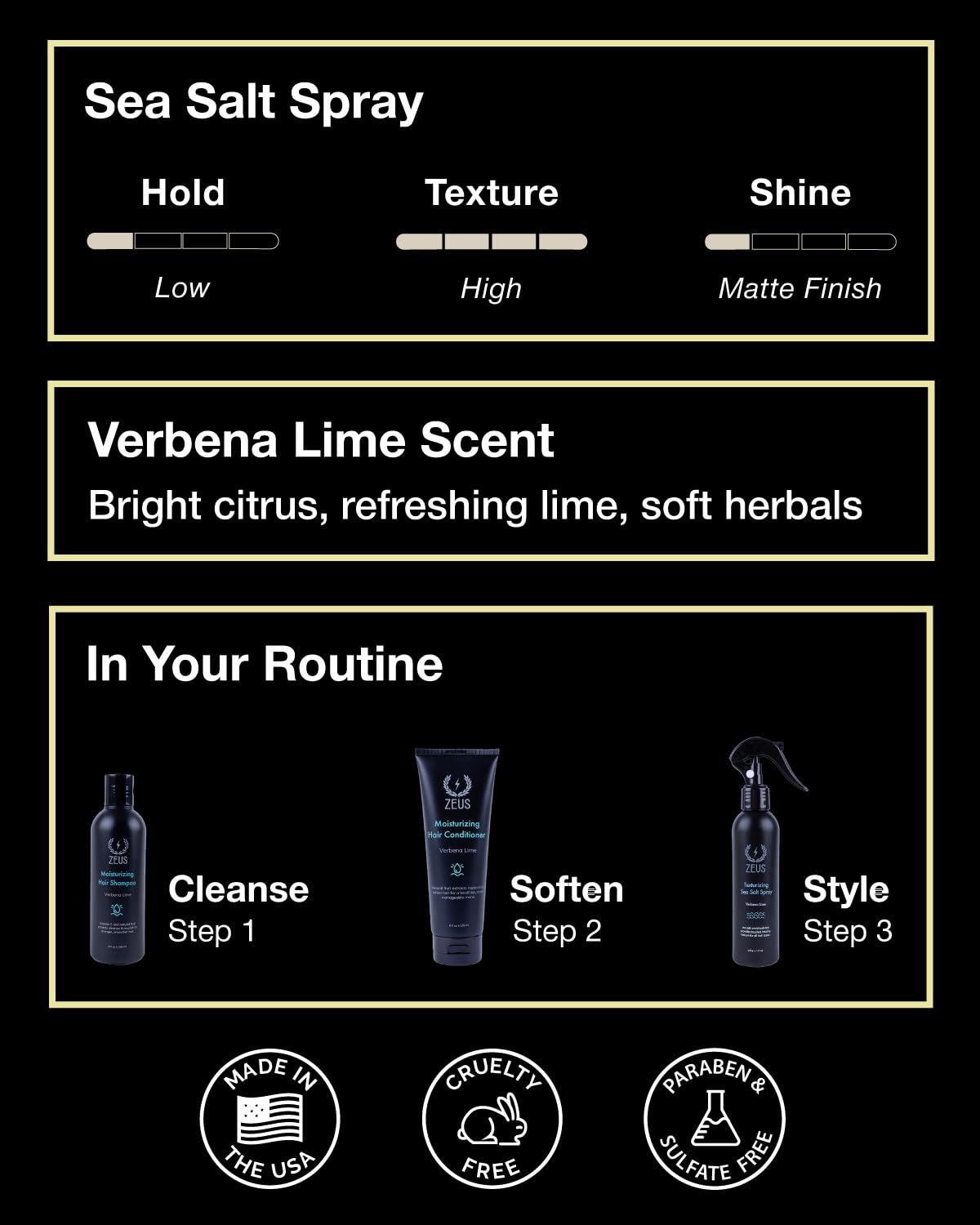 Zeus Verbena Lime sea salt hair spray bottle