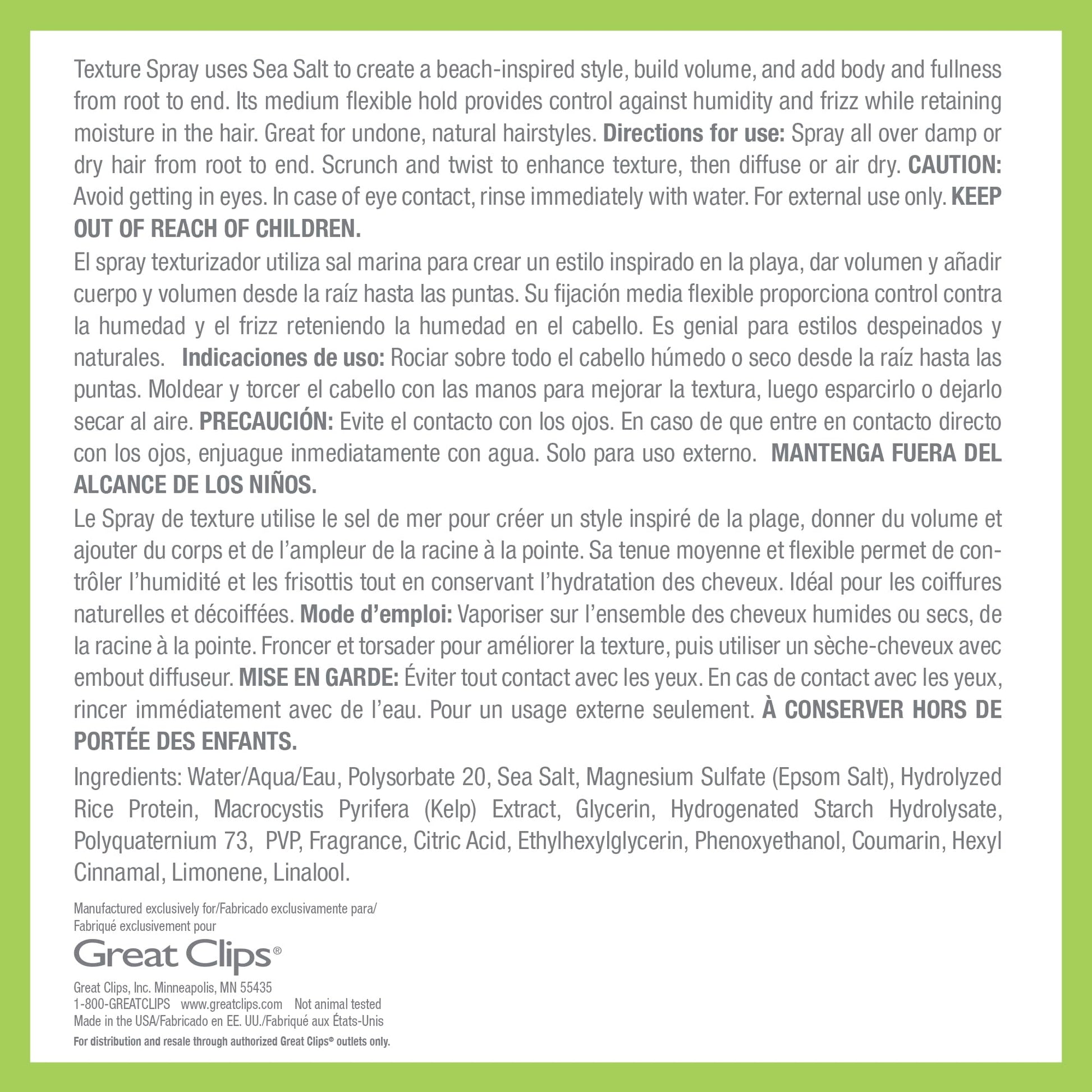 Great Clips Solutions sea salt spray ingredients and benefits