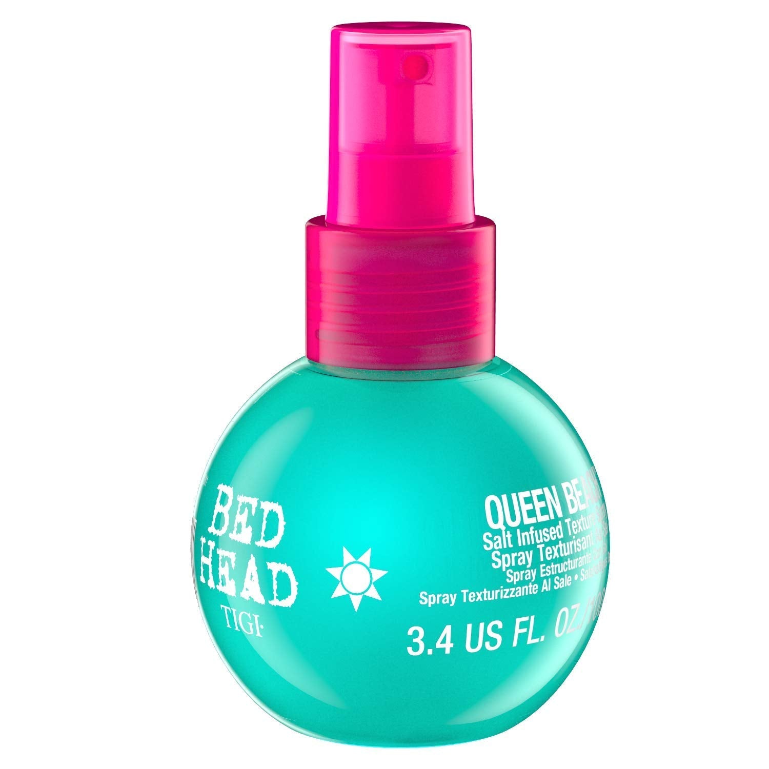 Bed Head salt spray teal bottle with pink nozzle