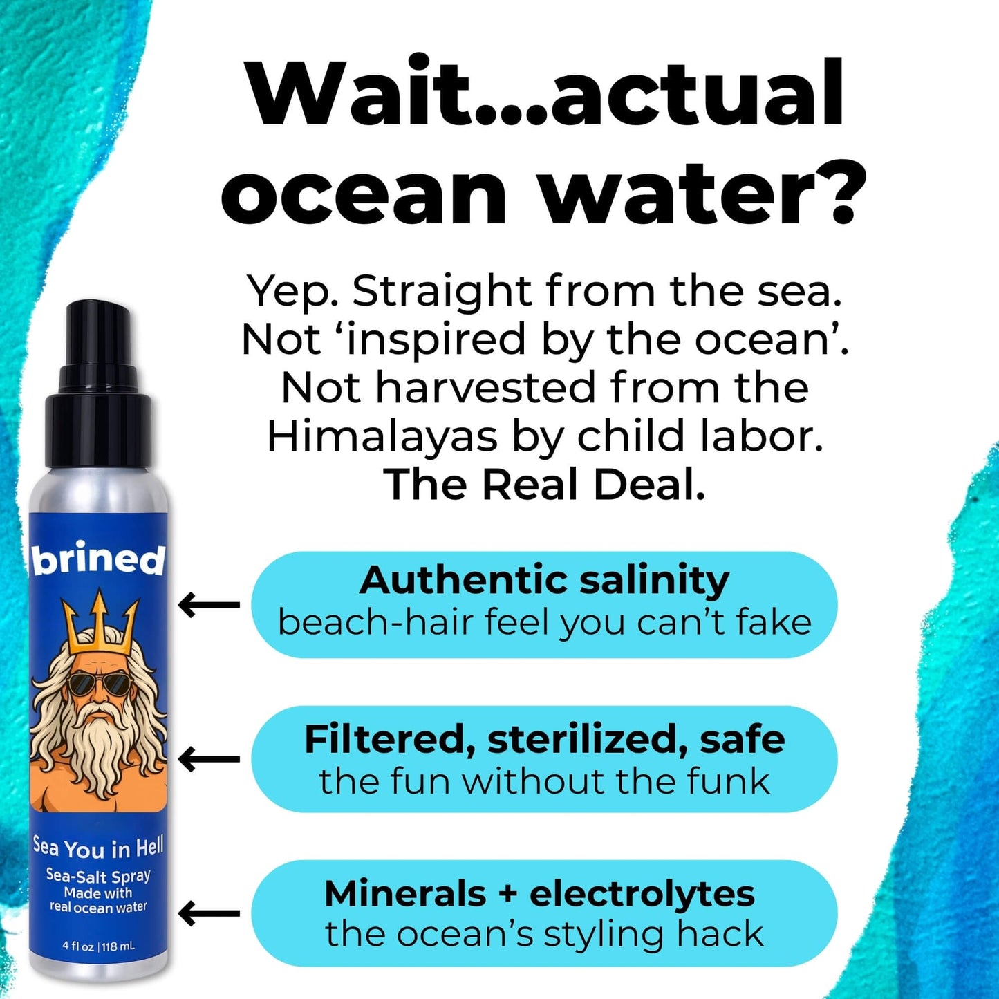Back label of Brined hair spray detailing sulfate-free and paraben-free ingredients