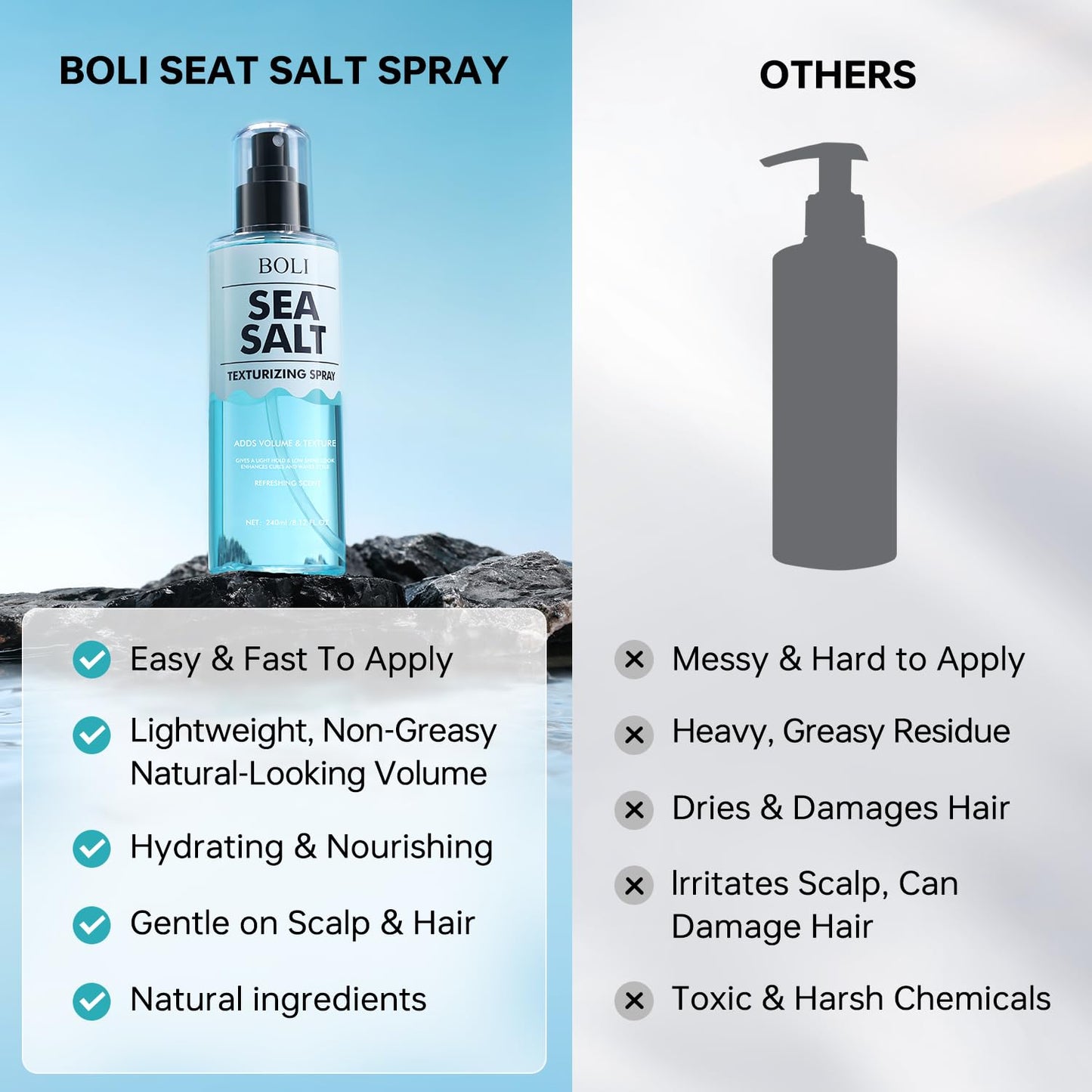BOLI ocean salt spray bottle highlighting fine mist dispenser top