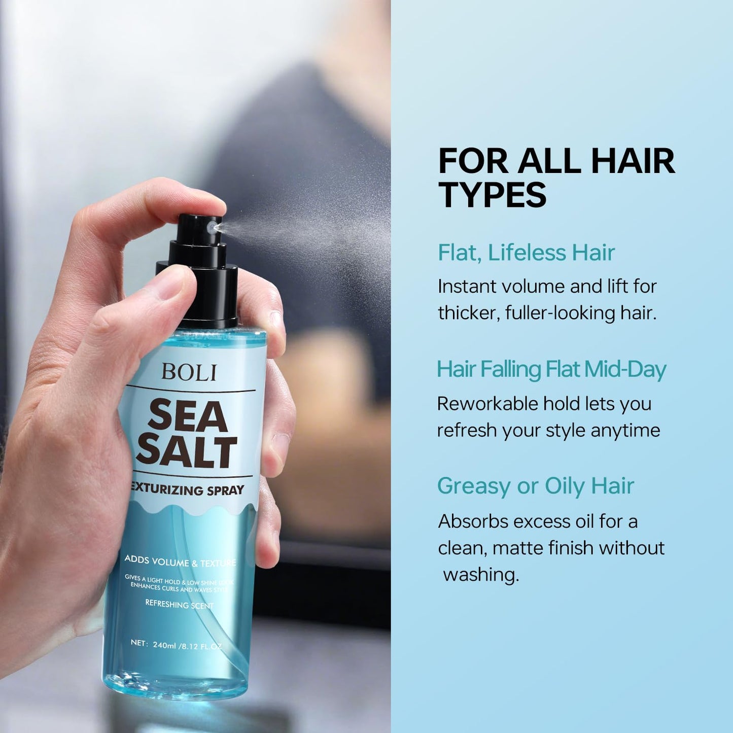 BOLI volumizing hair spray formula details and fluid ounce measurement