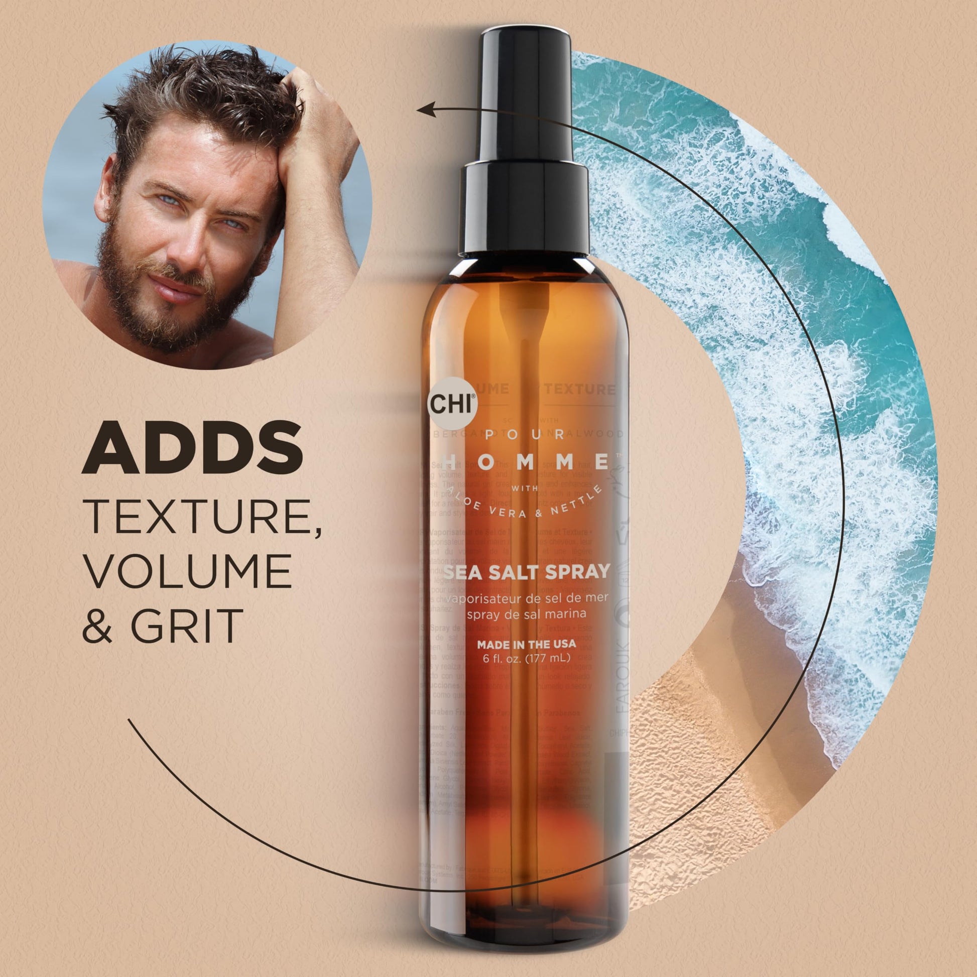 Six ounce bottle of CHI Pour Homme sea salt spray for natural matte hairstyles
